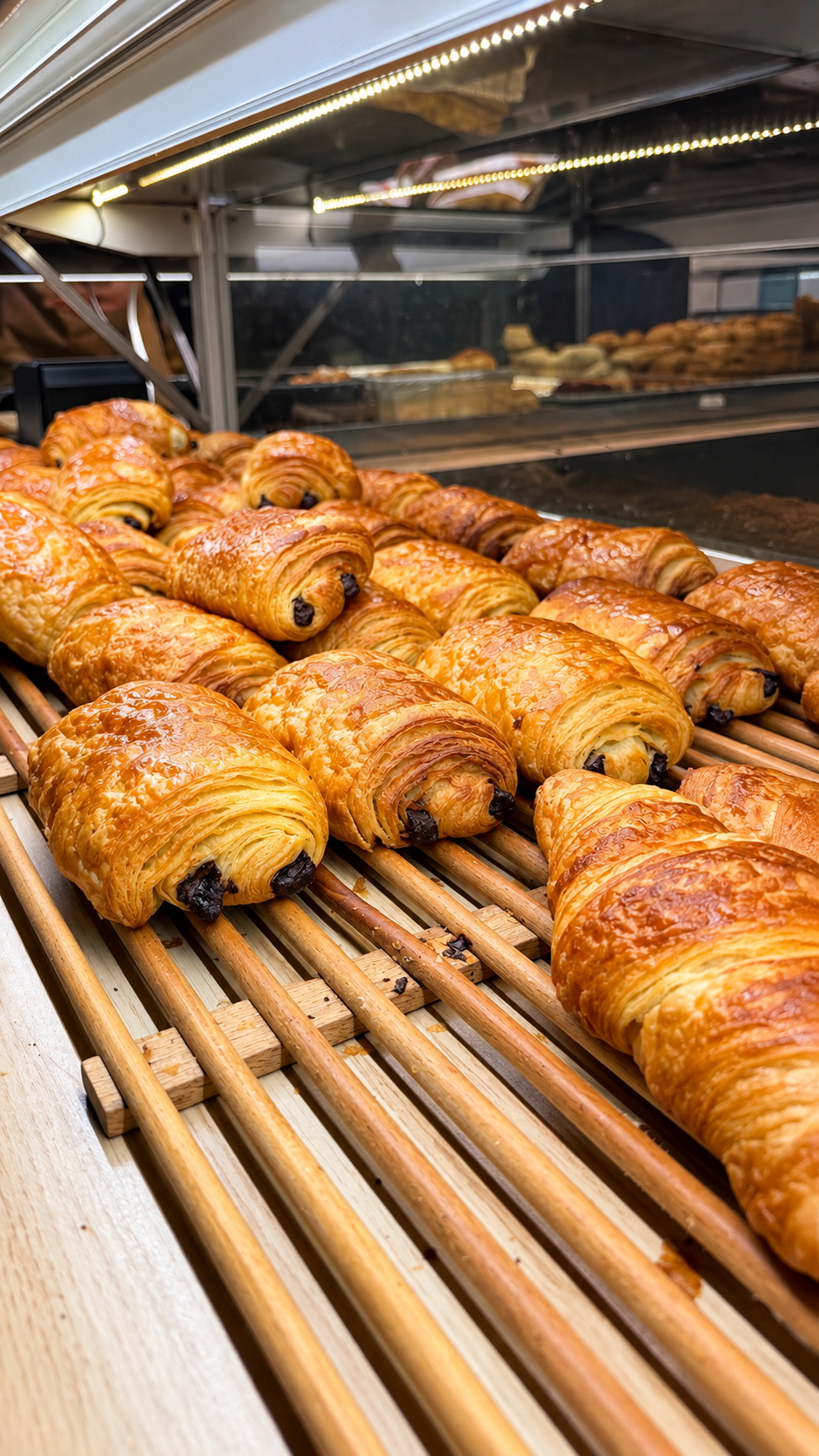 Pains au chocolat dorés présentés dans la vitrine